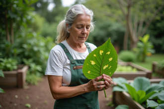 Femme jardinant examinant une feuille malade dans le jardin