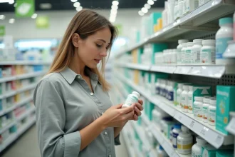 Femme lisant attentivement l'étiquette d'un probiotique en pharmacie pour choisir le bon complément contre le syndrome de l'intestin irritable