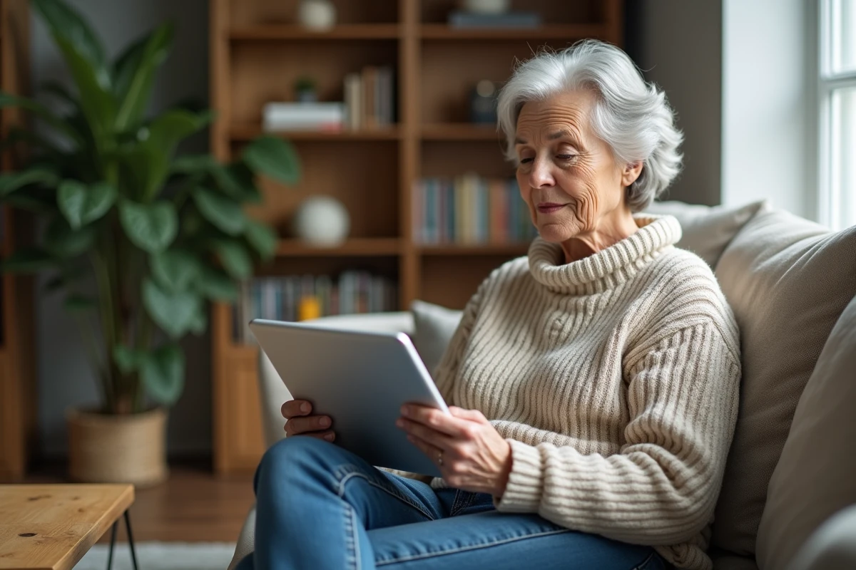 Femme &acirc;g&eacute;e consulte un rapport m&eacute;dical sur sa tablette &agrave; la maison