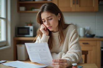 Jeune femme lisant une fiche de medicament dans la cuisine