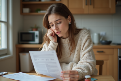 Jeune femme lisant une fiche de medicament dans la cuisine