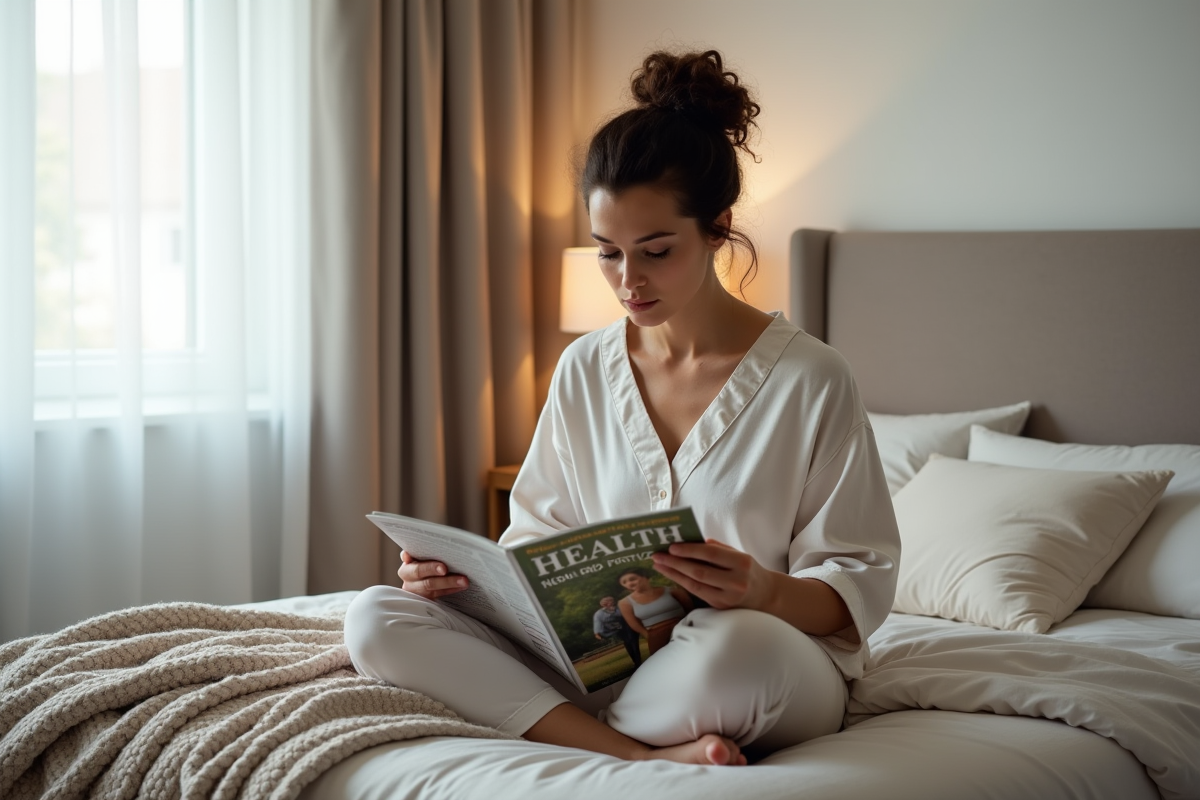 Femme lisant un magazine de santé dans un salon calme