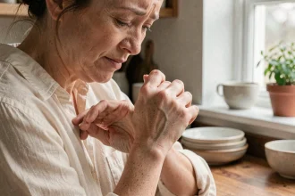 Femme se grattant la main gauche dans une cuisine, illustrant l'irritation cutanée et les remèdes naturels