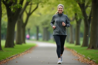 Femme d'âge moyen marche rapidement dans un parc avec montre connectée
