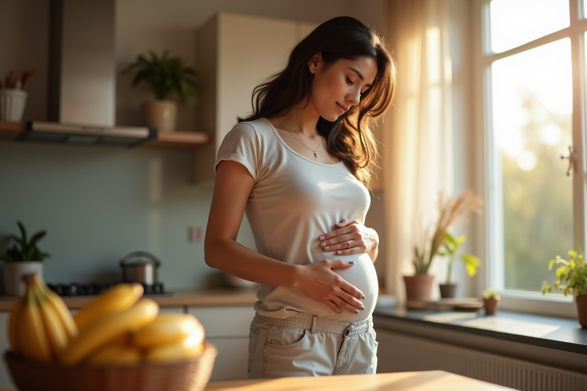 Femme touchant son ventre avec bananes à côté dans une ambiance chaleureuse