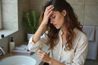 Femme appliquant huile de romarin dans une salle de bain chaleureuse