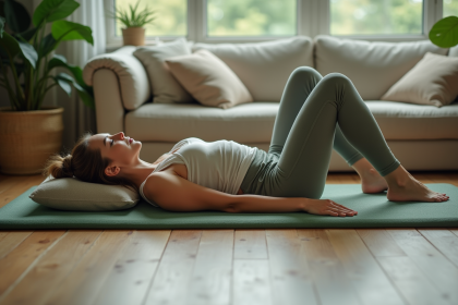Femme relaxee sur un tapis d'acupressure vert dans un salon lumineux