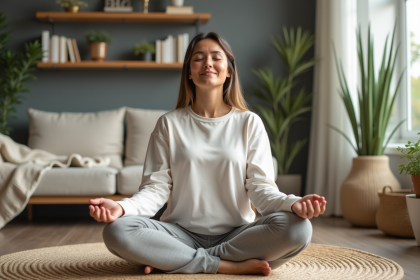 Femme méditant assise dans un salon calme et cosy