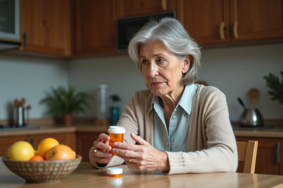 Femme d agee lisant une bouteille de medicament