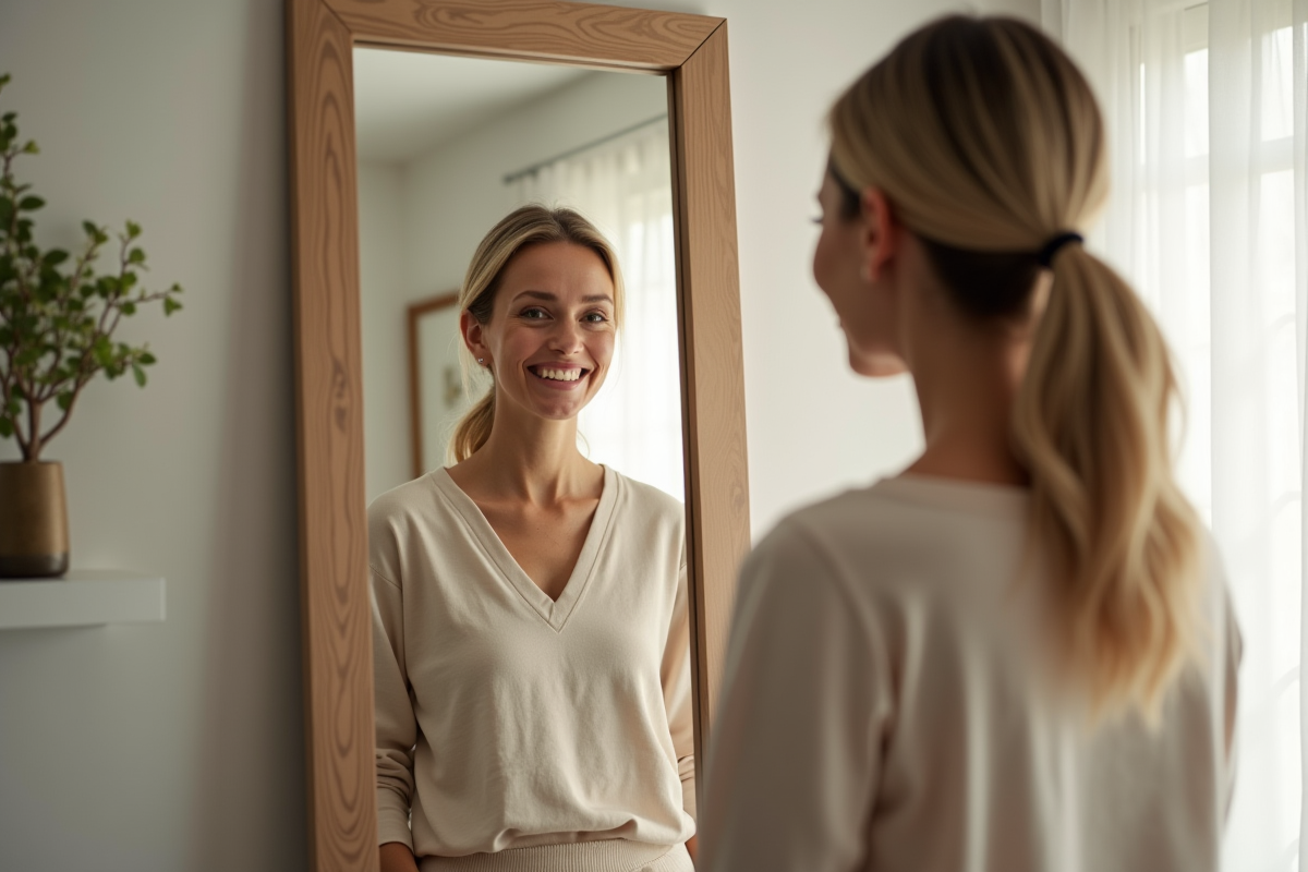 Femme confiante regardant son reflet dans un miroir