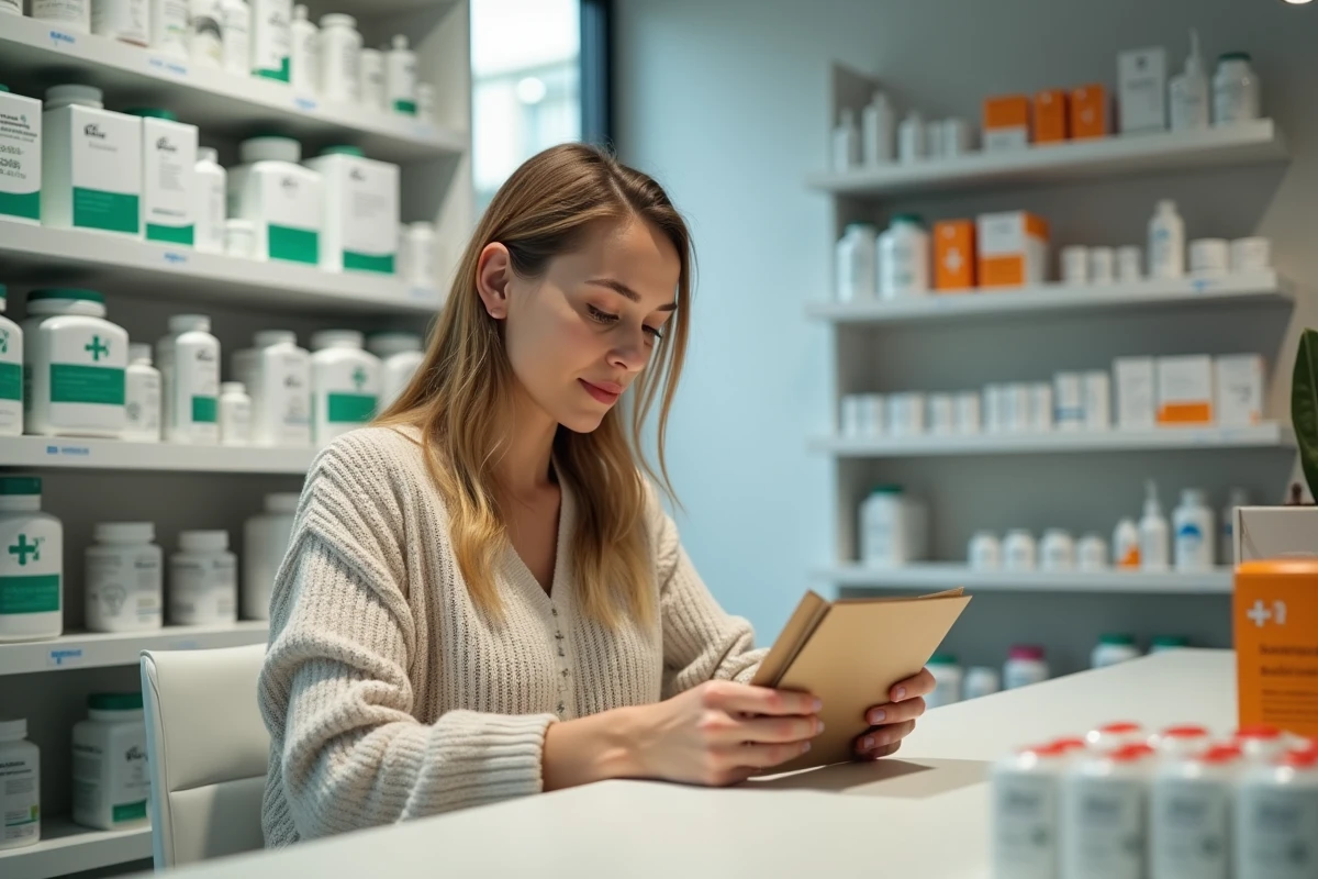 Femme lisant les instructions d'une boîte de compléments en vitamine B12 achetée en pharmacie pour traiter une carence confirmée