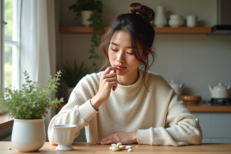 Femme en intérieur tenant une pilule dans la main
