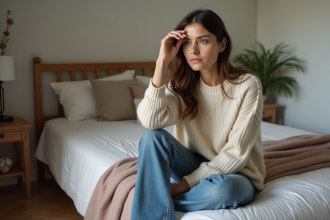 Femme en réflexion dans une chambre chaleureuse