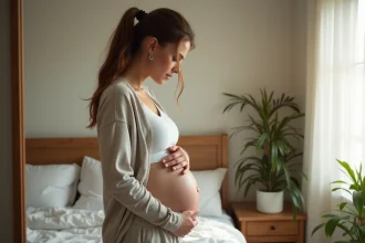 Femme regardant son ventre dans un miroir lumineux