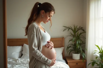 Femme regardant son ventre dans un miroir lumineux