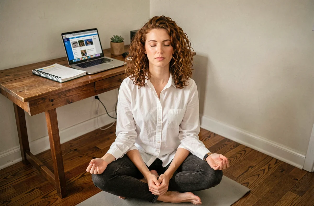 Jeune femme pratiquant la respiration consciente chez elle pour réduire le cortisol et gérer le micro-stress
