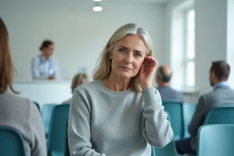 Femme d'âge moyen tenant son oreille gauche dans une salle d'attente médicale moderne, illustrant une consultation ORL pour sifflement dans l'oreille