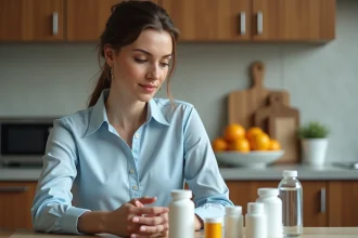 Femme examinant des compl&eacute;ments alimentaires dans la cuisine