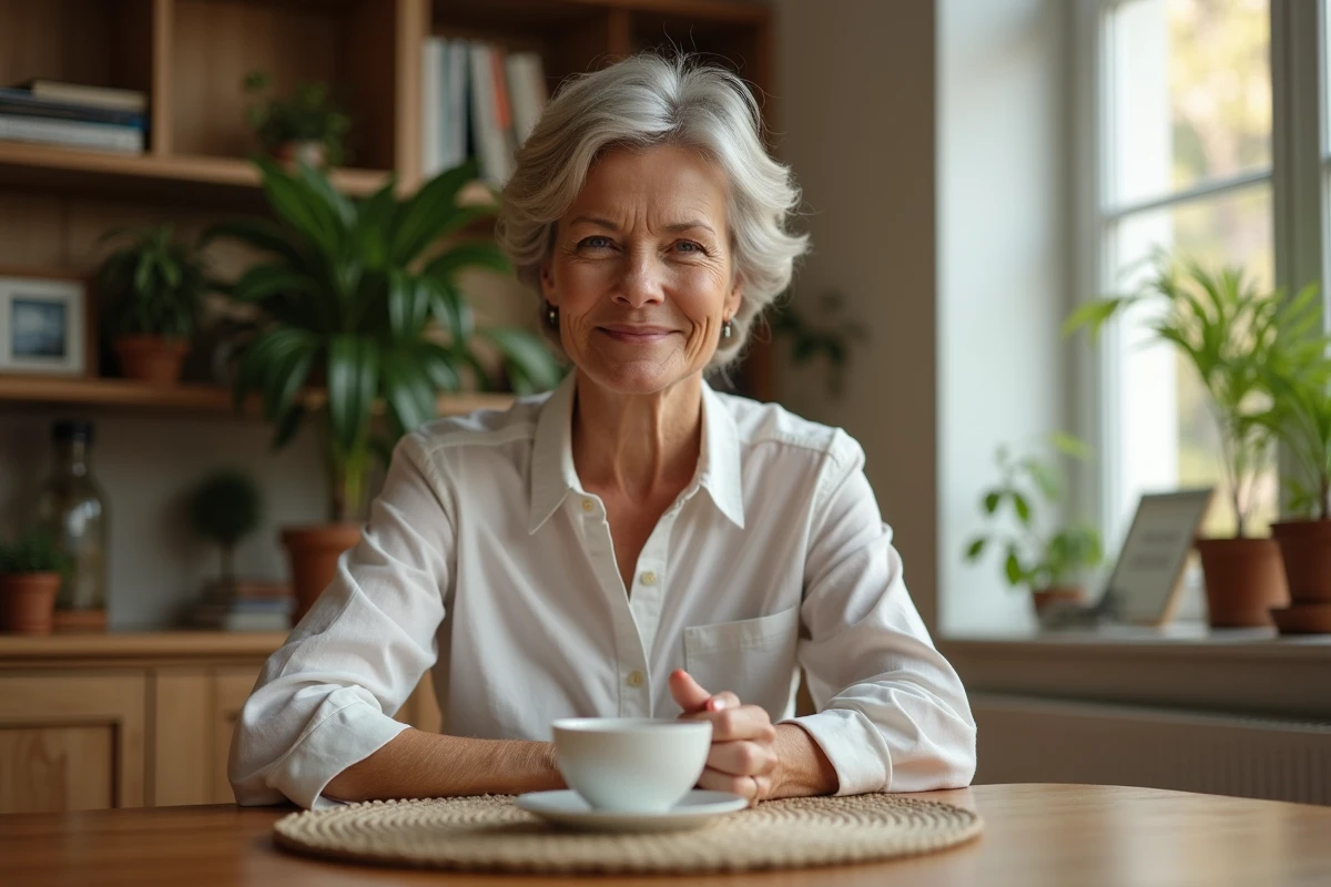 Femme souriante buvant une tisane &agrave; la maison