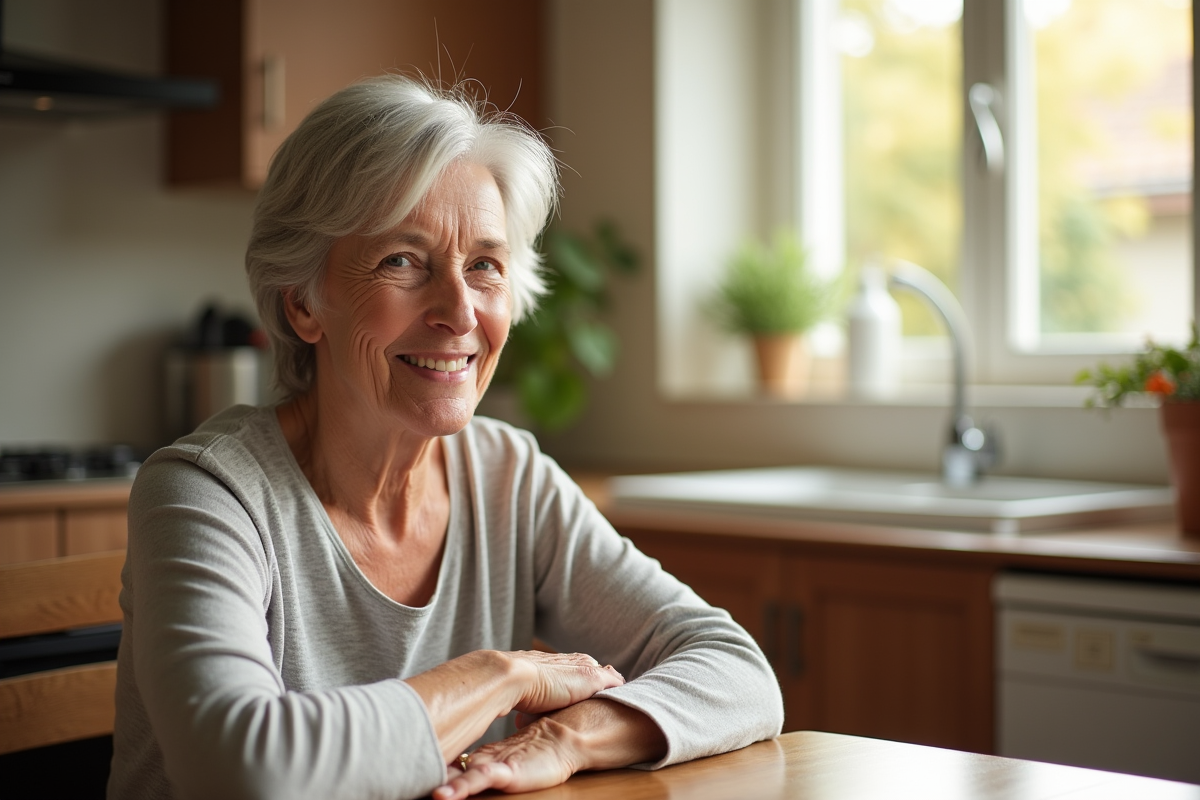 Femme de 70 ans détendue à la cuisine le matin