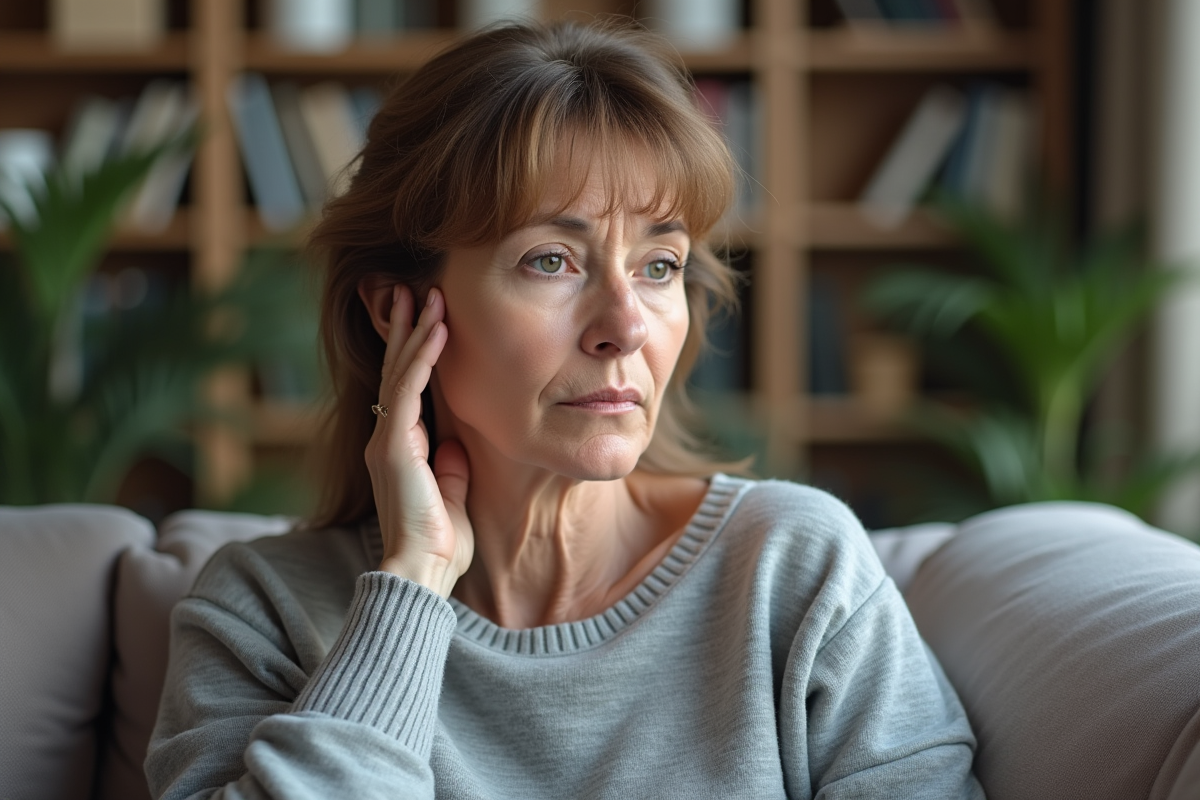 Femme d'âge moyen touchant son cou avec souci visage naturel