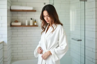 Femme en peignoir blanc dans une salle de bain minimaliste inspectant la zone du bikini après épilation, soins de la peau post-maillot