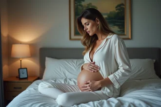 Femme en pyjama assise sur le lit avec douleur abdominale