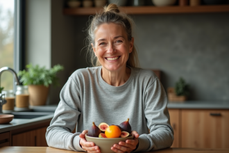 Femme souriante avec fruits dans la cuisine moderne