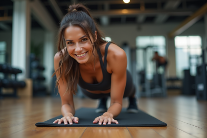 Femme sportive en plank dans une salle de sport moderne