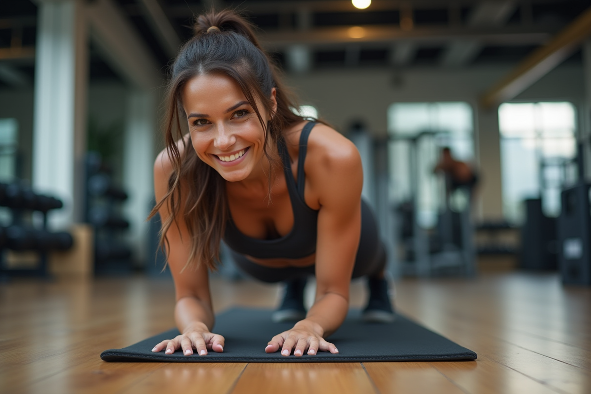 Femme sportive en plank dans une salle de sport moderne