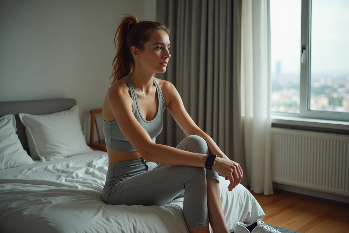 Jeune femme en tenue de sport contemplant dans sa chambre