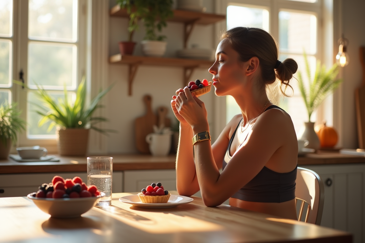Femme sportive dégustant une tarte aux fruits dans une cuisine lumineuse