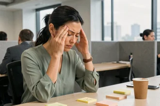 Femme au bureau stressée par le micro-stress répété au travail, les doigts sur les tempes