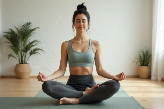 Femme en pose de yoga sukhasana, alternative douce au lotus pour les genoux sensibles, sur tapis de yoga en studio minimaliste