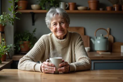 Femme assise avec tasse de thym dans une cuisine chaleureuse
