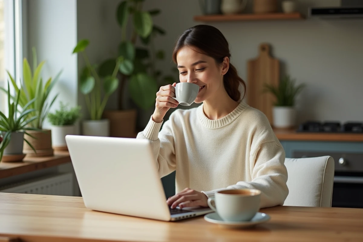 Femme assise &agrave; la table de cuisine avec ordinateur et tasse de tisane