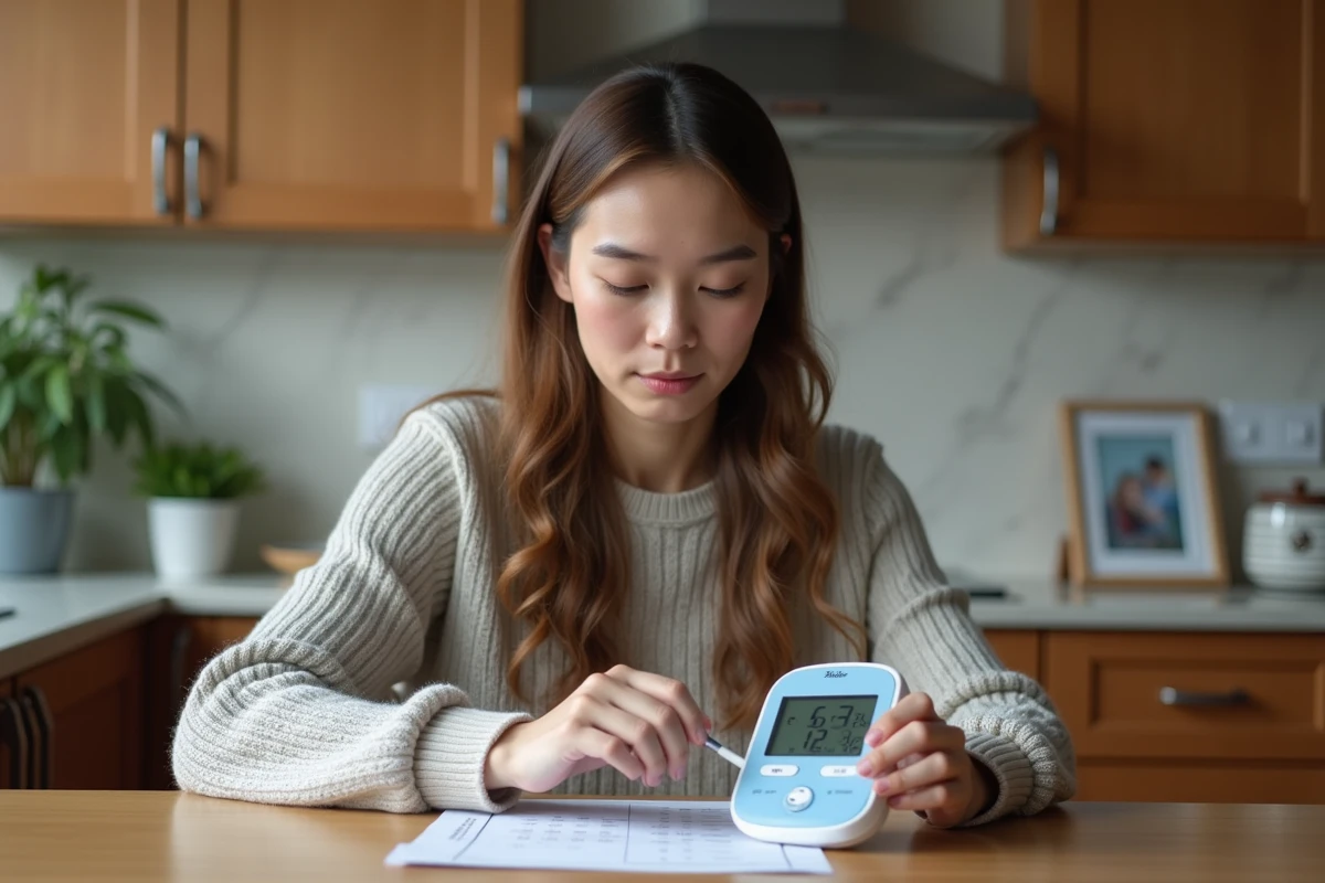 Jeune femme examine un moniteur de pression a la maison
