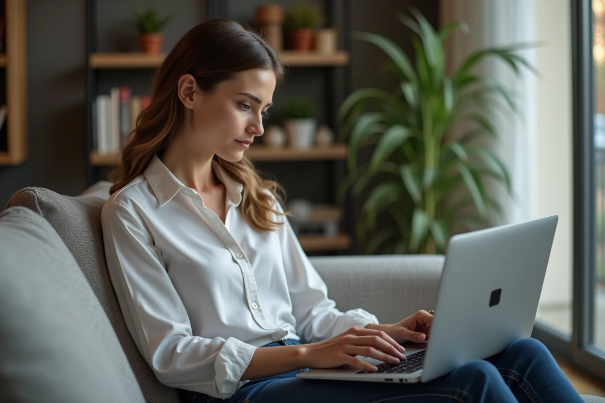 Femme en visioconference avec son rhumatologue depuis chez elle