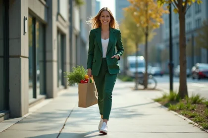 Jeune femme en blazer vert marchant dans la ville avec sac &eacute;cologique