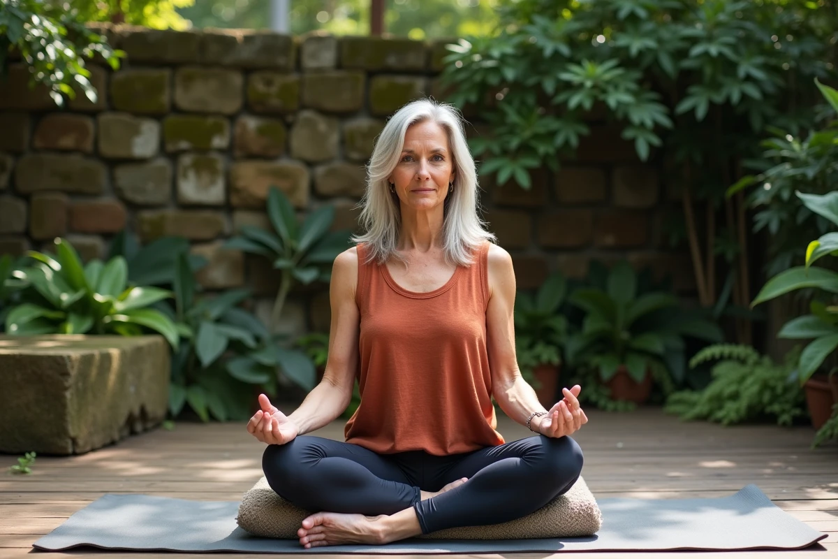 Femme mature en pose virasana sur terrasse en bois, alternative recommandée au lotus pour protéger les genoux fragilisés