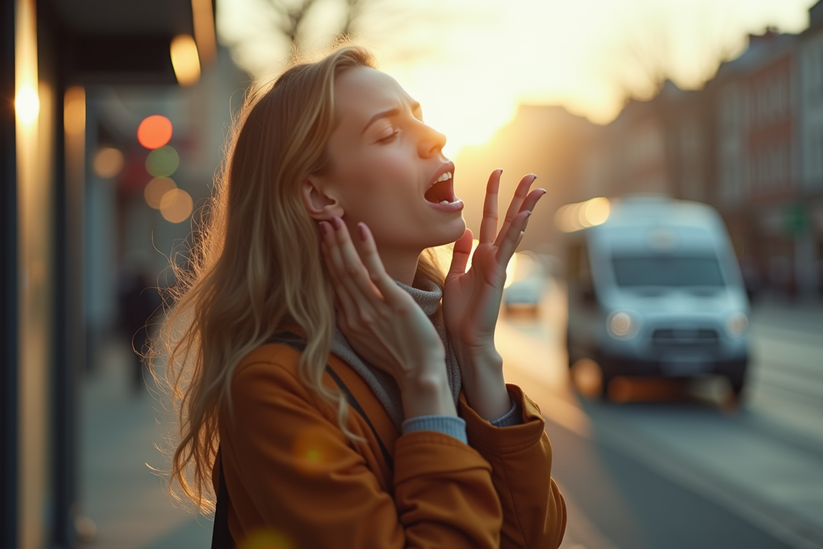 Femme bâillant à un arrêt de bus le matin