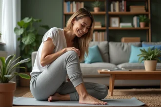 Femme d'âge moyen faisant du yoga dans un salon cosy