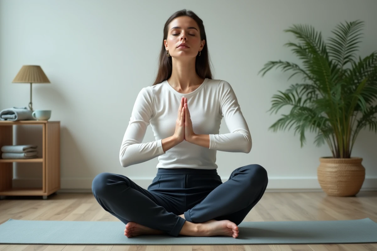 Femme pratiquant des &eacute;tirements de la main sur un tapis de yoga en salle de pause pour soulager les paresth&eacute;sies naturellement