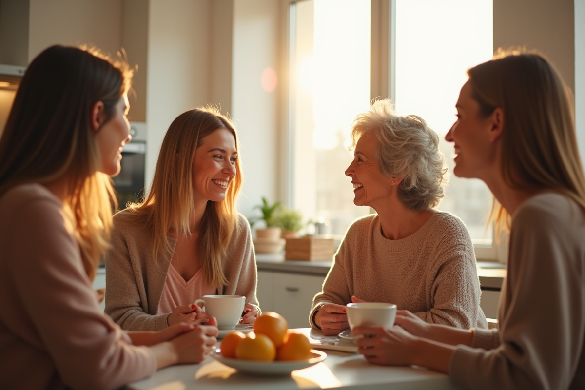 Femmes diverses discutant dans une cuisine lumineuse