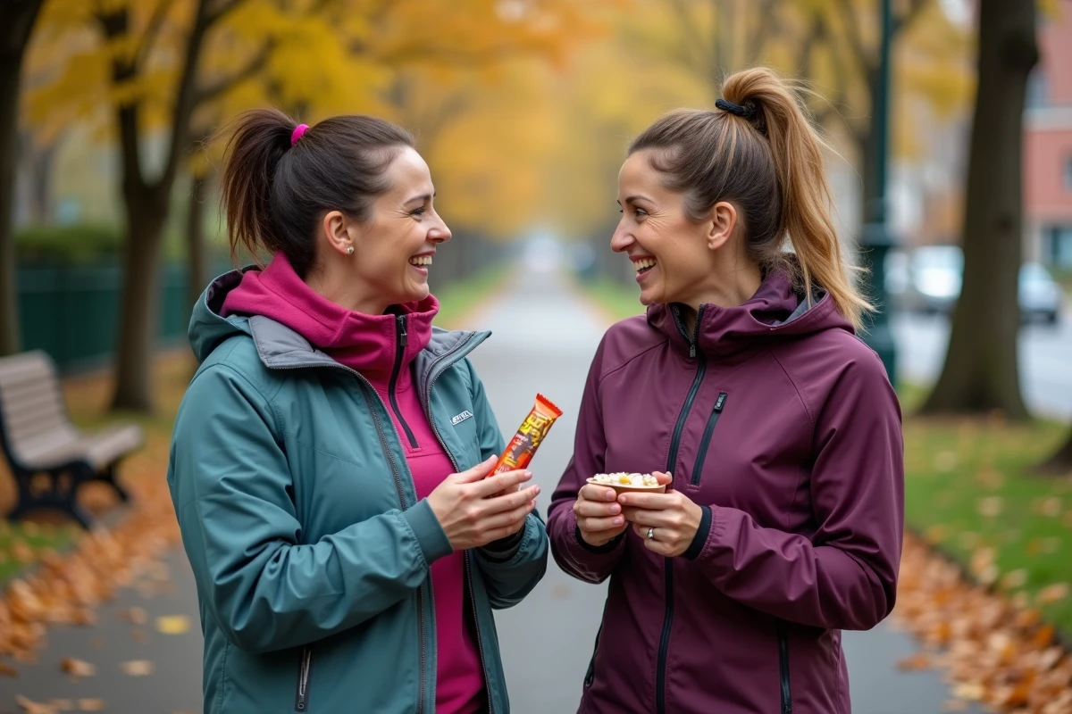 Deux femmes en tenue de running partageant une barre Feed sur un sentier urbain en automne