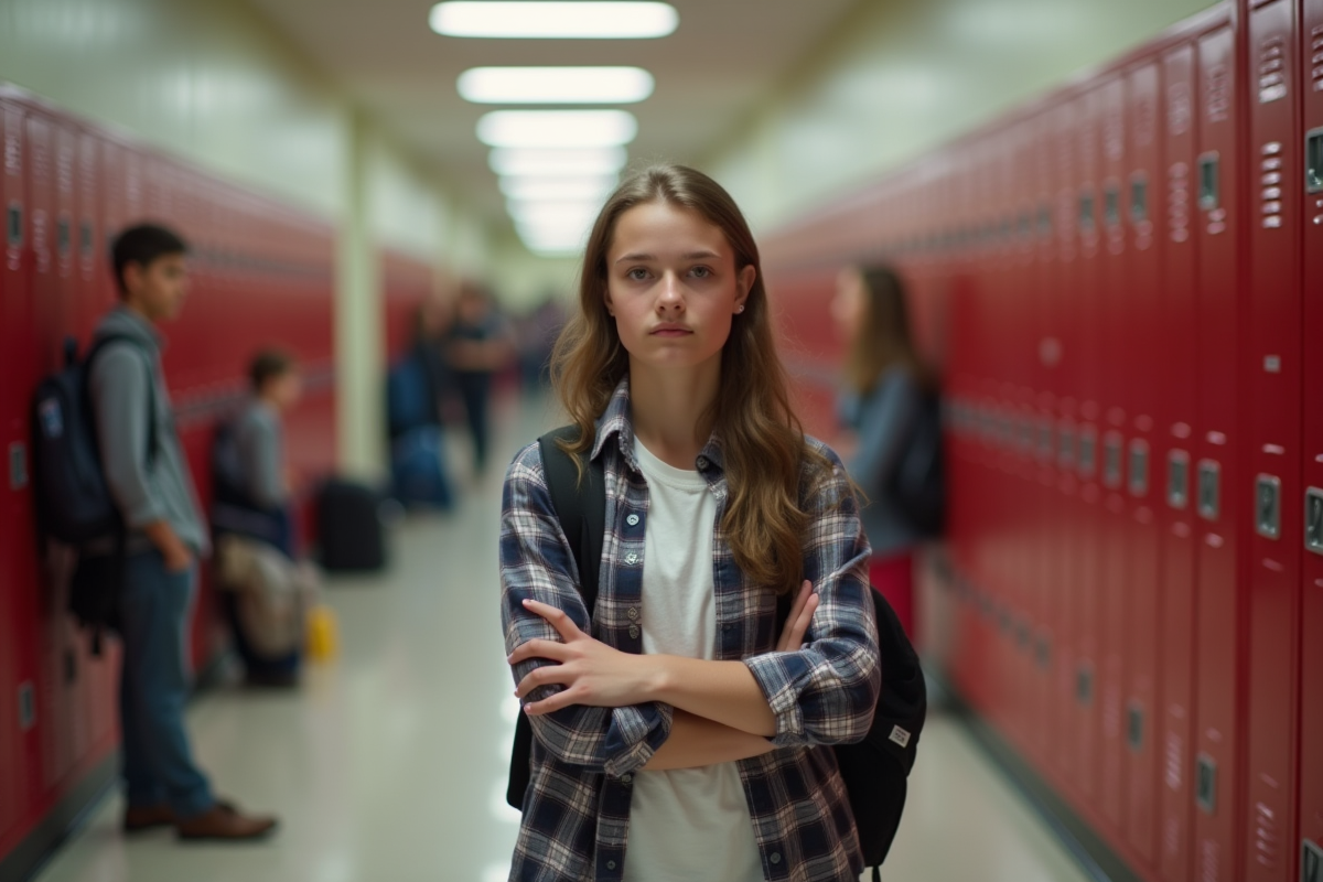 Jeune fille au lycée avec lockers et livres en arrière-plan