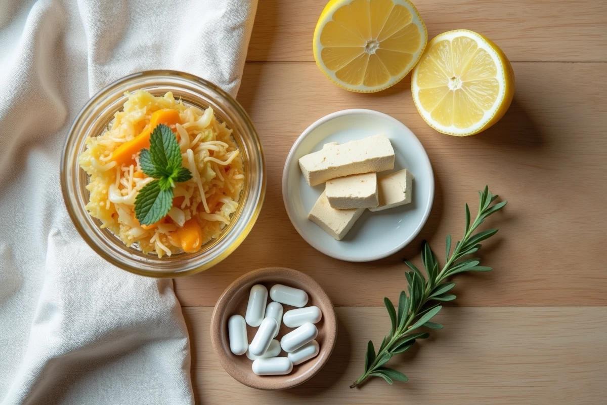 Flat lay d'aliments fermentés et de capsules postbiotiques sur bois clair, illustrant les sources naturelles de postbiotiques pour l'immunité et l'énergie