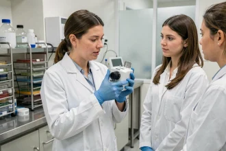 Technicienne de laboratoire formant ses collègues à l'utilisation d'un aérobiocollecteur en laboratoire de microbiologie