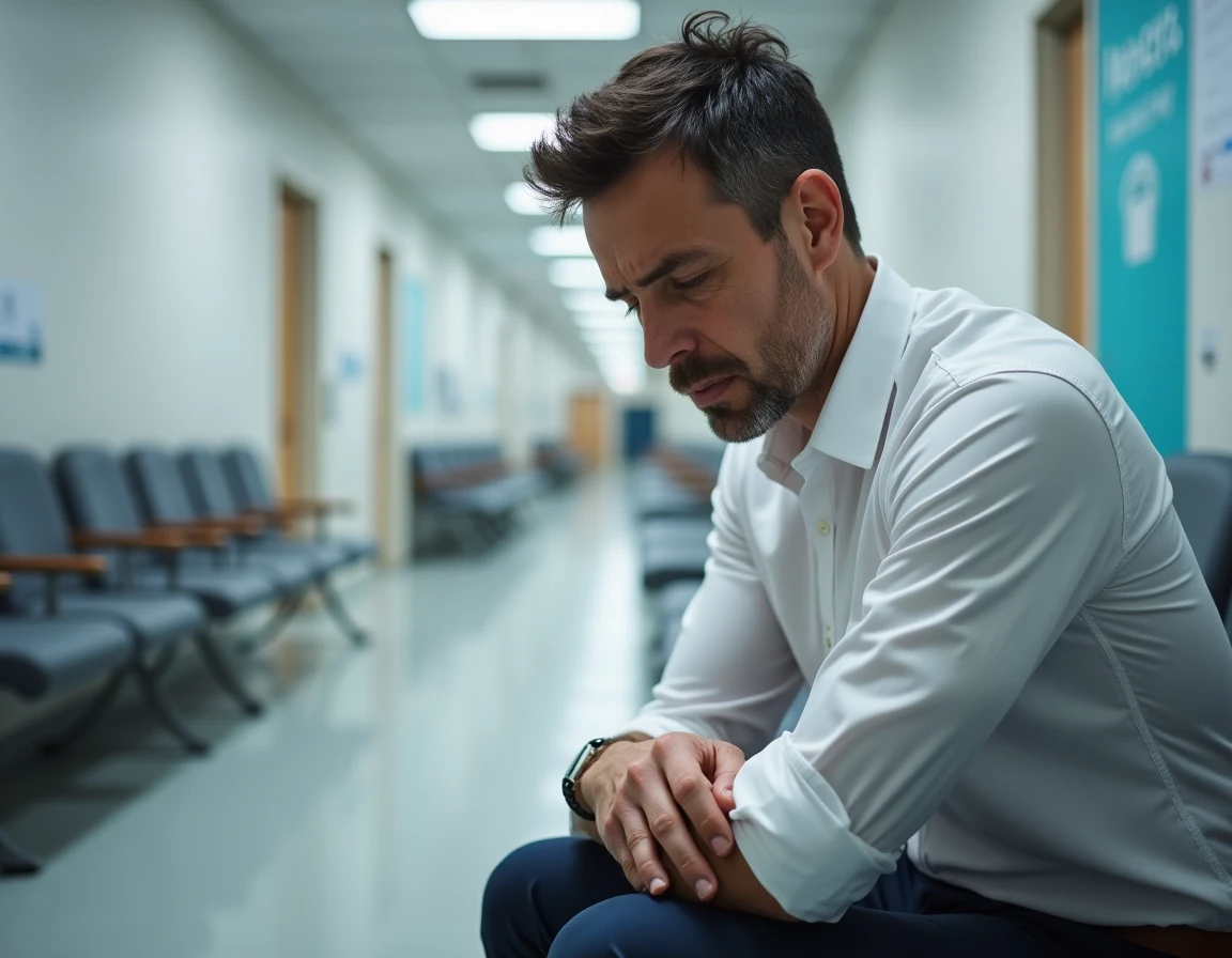 Homme en salle d'attente d'imagerie médicale ressentant des fourmillements dans le bras gauche