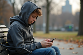Jeune garçon seul sur un banc dans un parc urbain automnal
